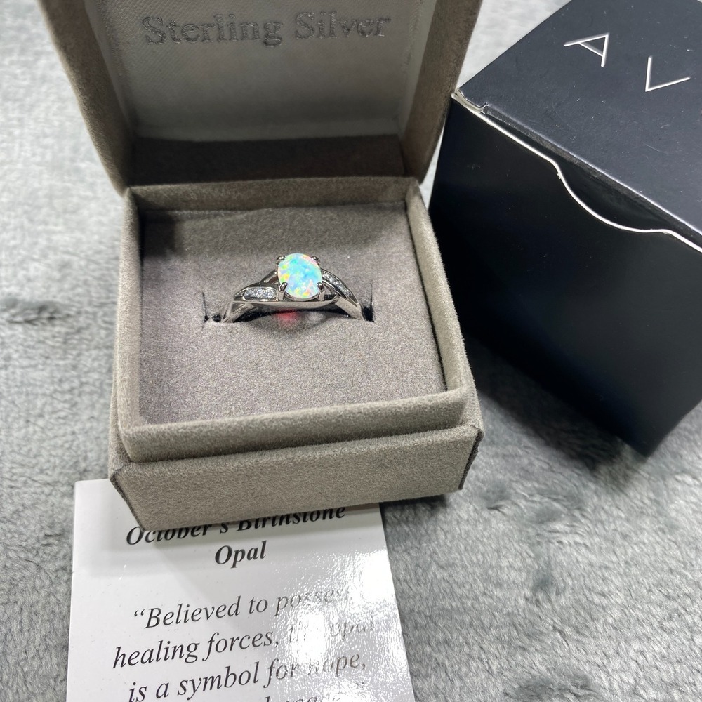Avon Sterling Silver Ring Size 10 Octobers Opal Birthstone White Gift Box NEW